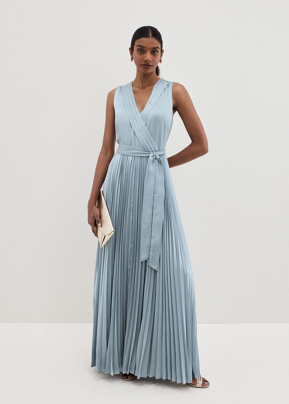 Bonnie Pleat Wrap Satin Maxi Dress - Light Green
