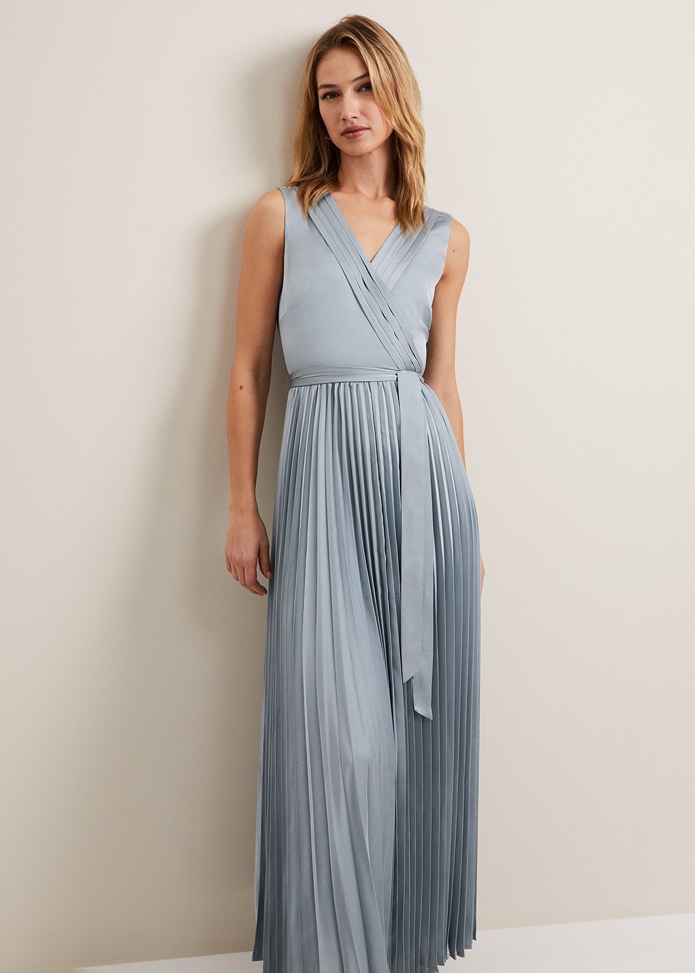 Bonnie Pleat Wrap Satin Maxi Dress - Light Green
