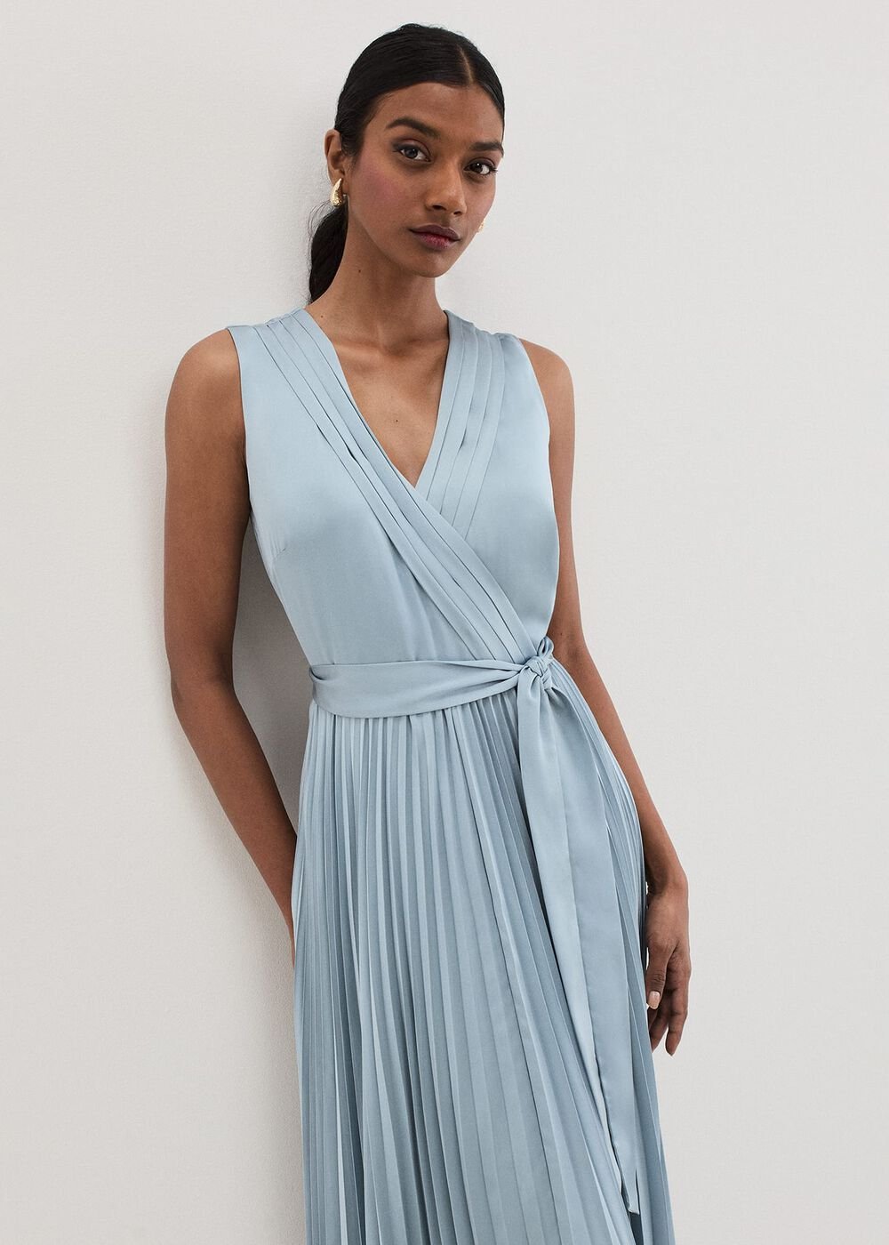 Bonnie Pleat Wrap Satin Maxi Dress - Light Green