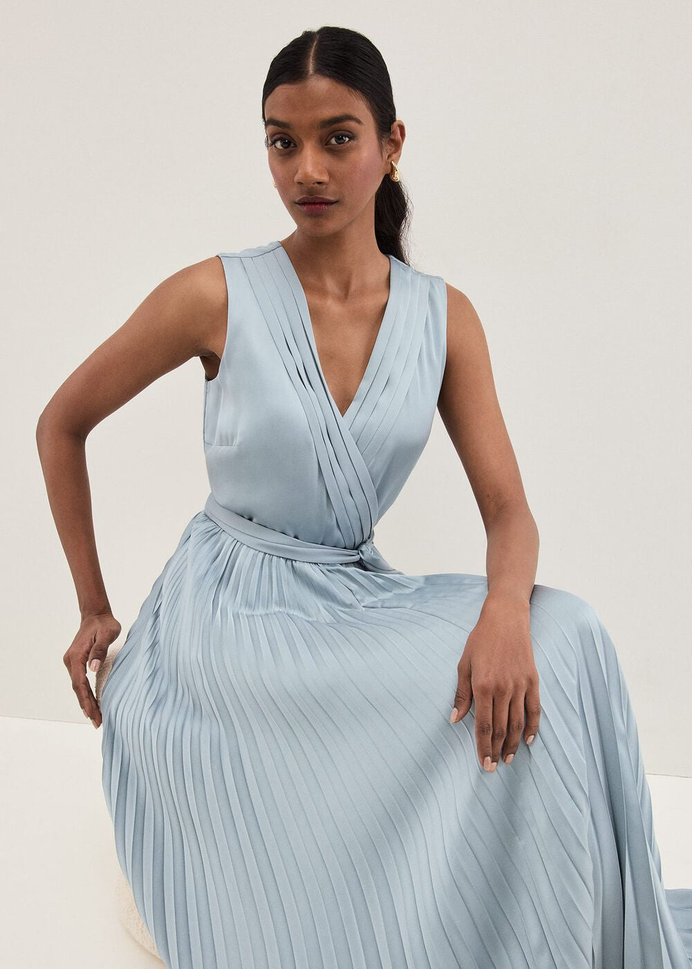 Bonnie Pleat Wrap Satin Maxi Dress - Light Green