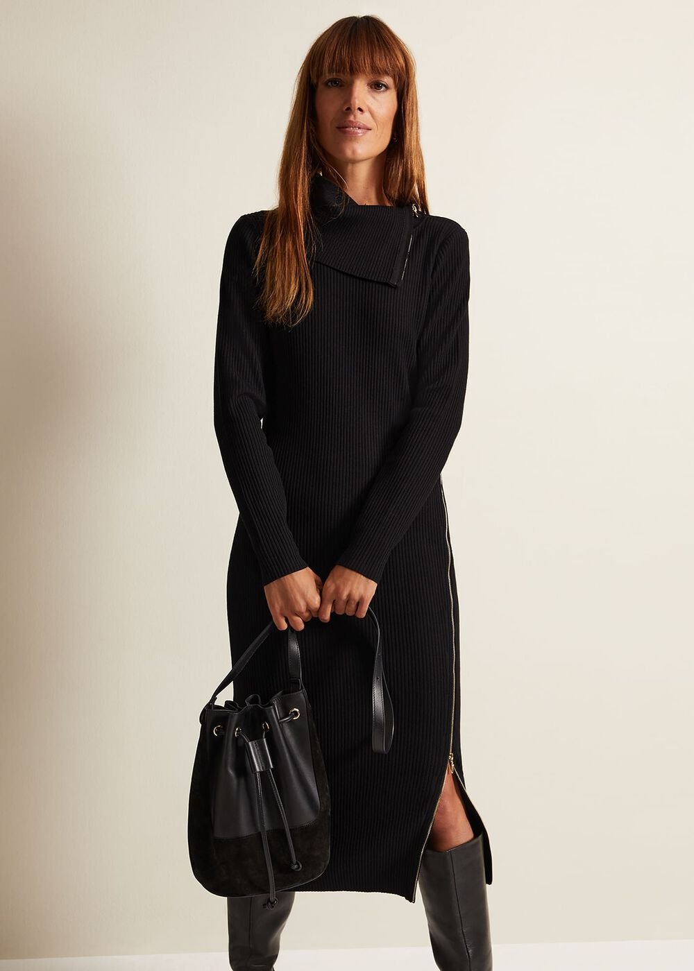 Hartley Zip Ribbed Column Dress - Black