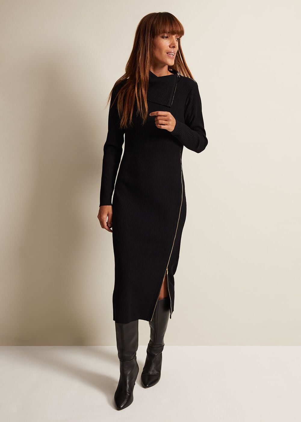 Hartley Zip Ribbed Column Dress - Black