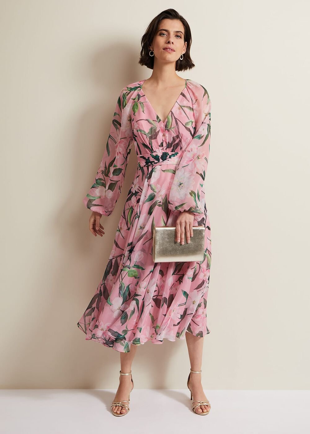 Lina Printed Long Sleeve Midi Dress - Multi-Coloured