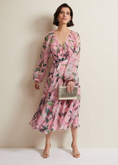 Lina Printed Long Sleeve Midi Dress - Multi-Coloured