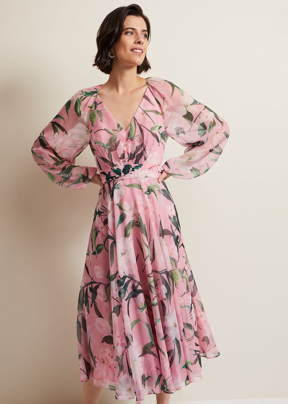 Lina Printed Long Sleeve Midi Dress - Multi-Coloured