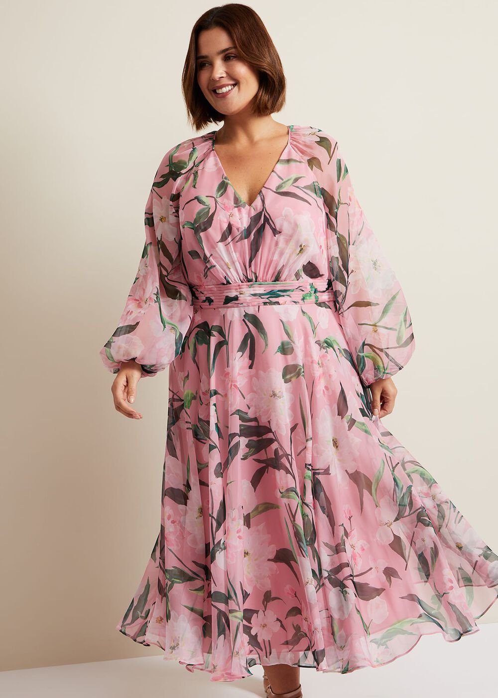 Lina Printed Long Sleeve Midi Dress - Multi-Coloured