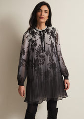 Sally Floral Pleated Swing Mini Dress - Grey