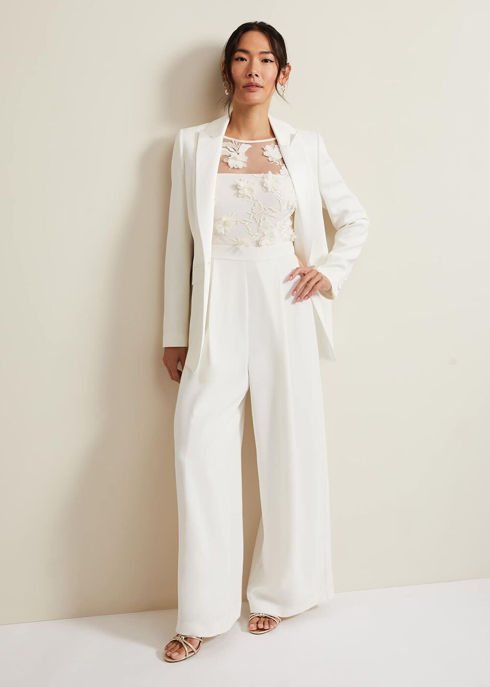 Cherie Bridal Floral Textured Jumpsuit - Ivory