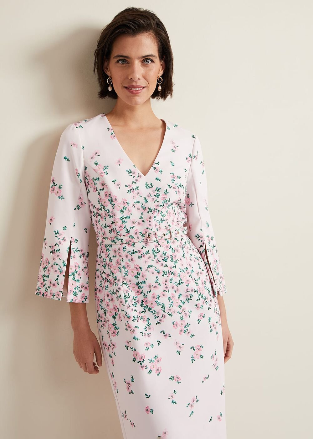 Giovanna Floral Belted Split Sleeve Dress - Multi-Coloured