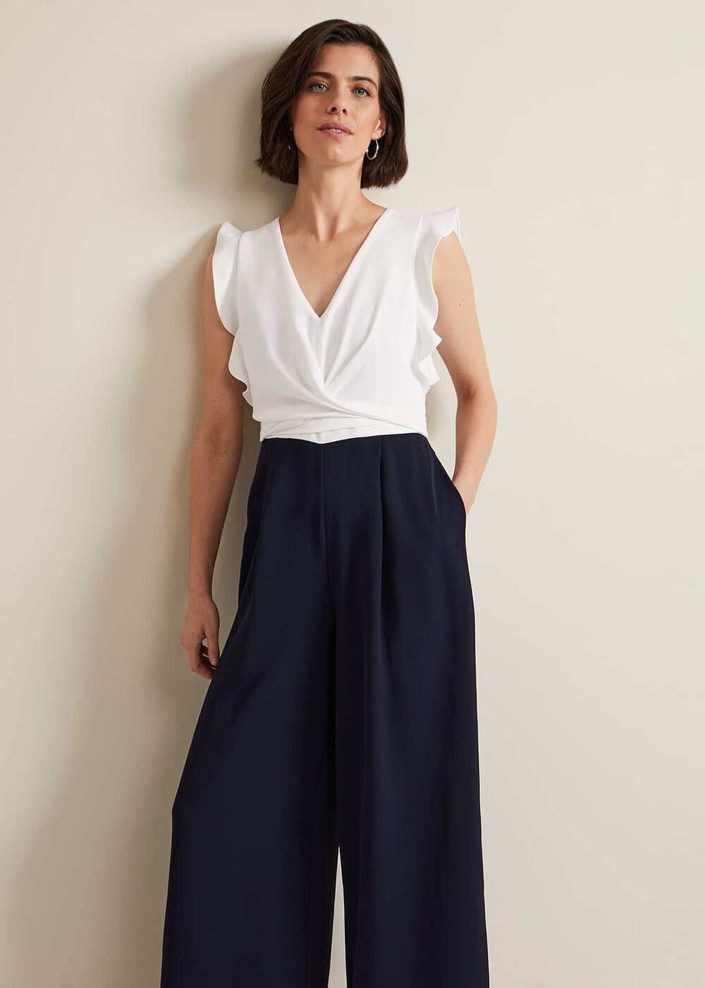 Ayla Ruffle Wrap Jumpsuit - Navy/Ivory