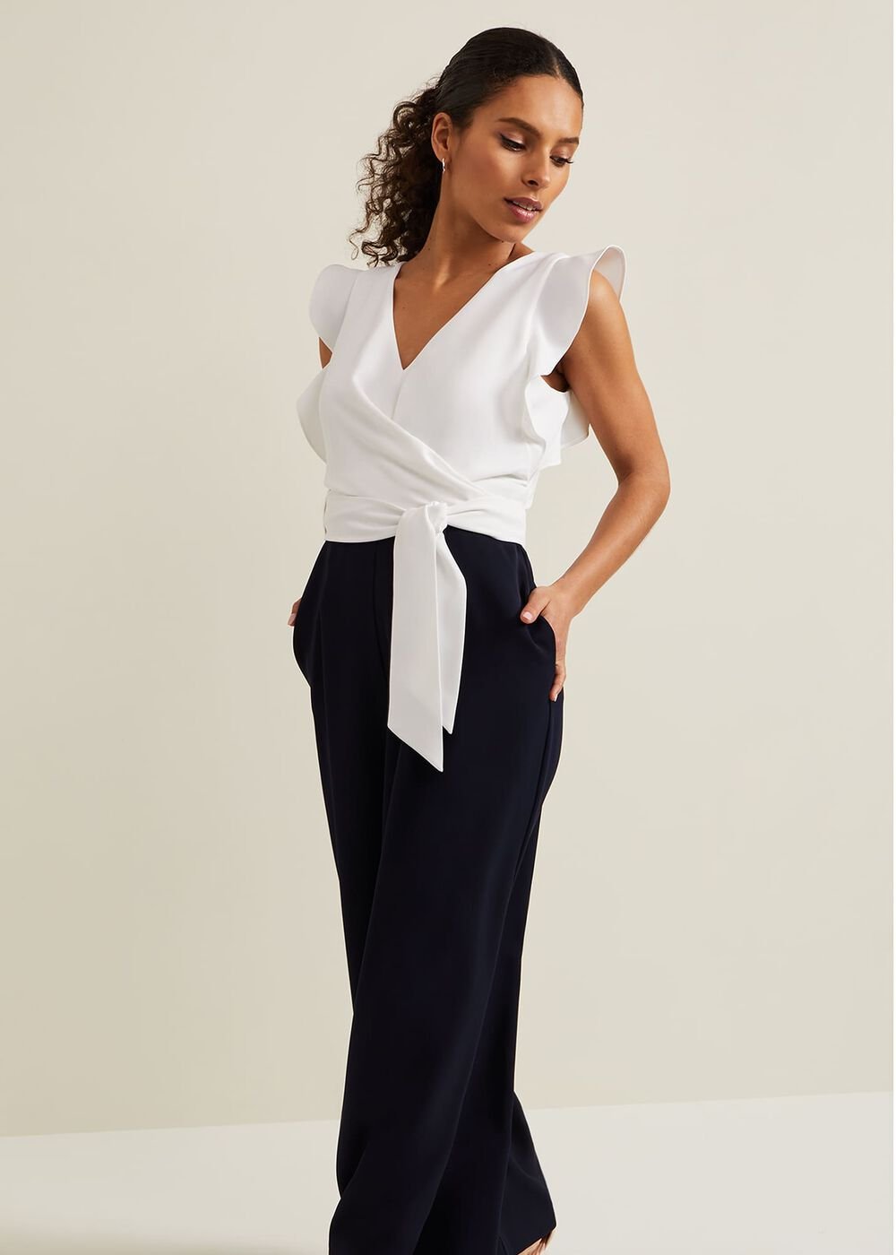 Petite Ayla Ruffle Colourblock Jumpsuit - Navy/Ivory