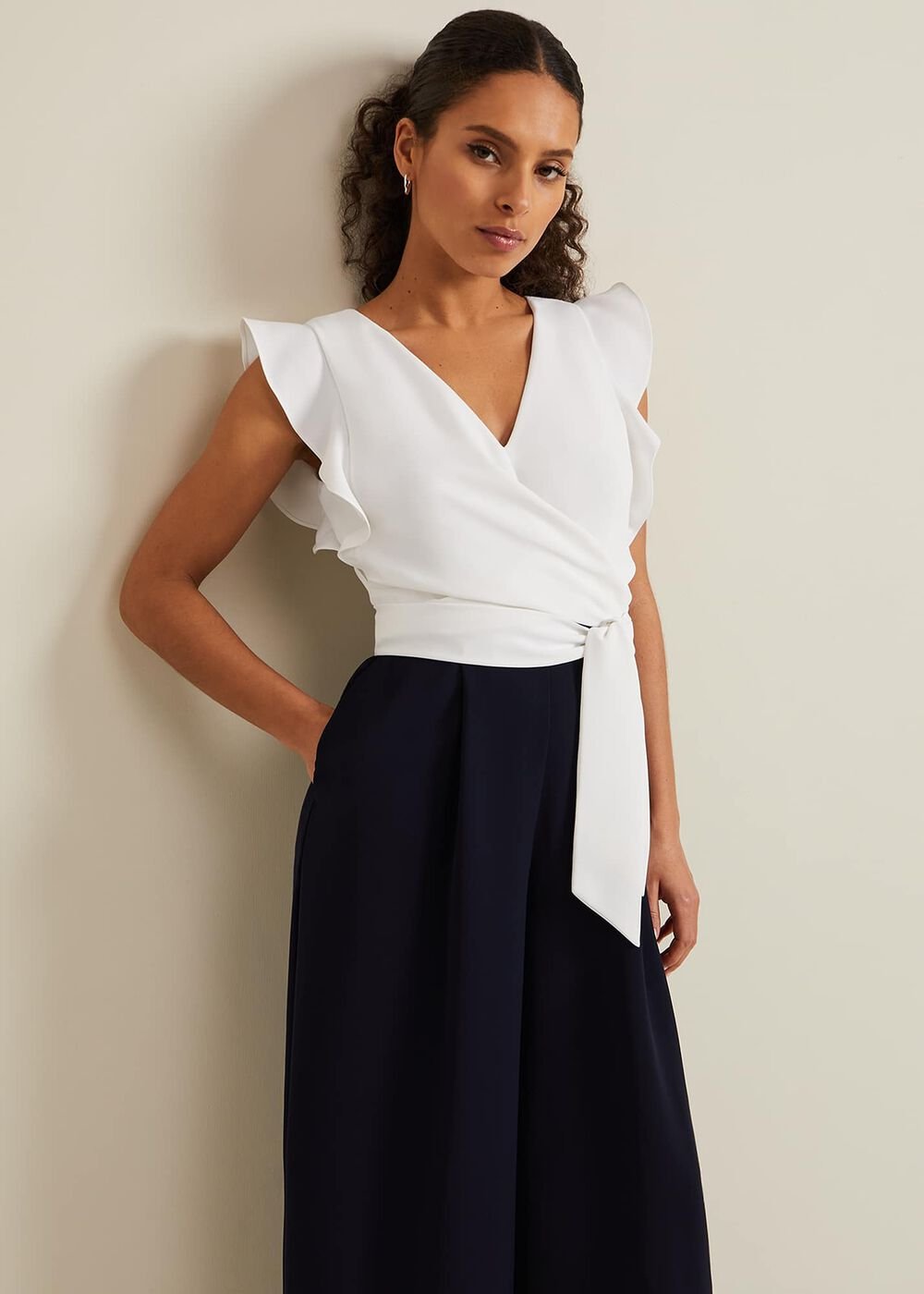 Petite Ayla Ruffle Colourblock Jumpsuit - Navy/Ivory