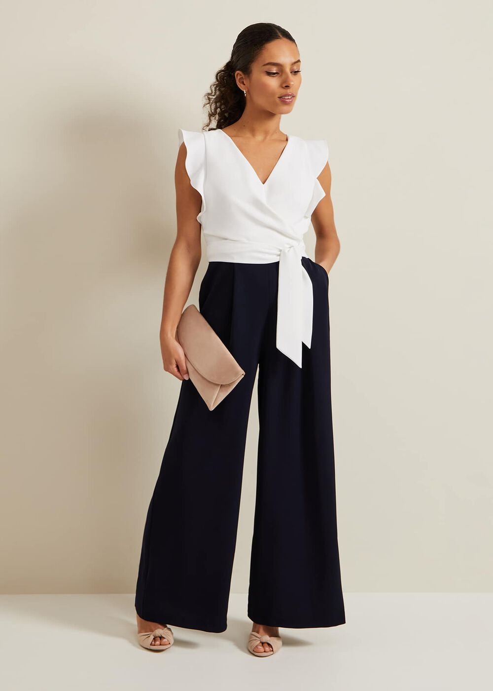 Petite Ayla Ruffle Colourblock Jumpsuit - Navy/Ivory