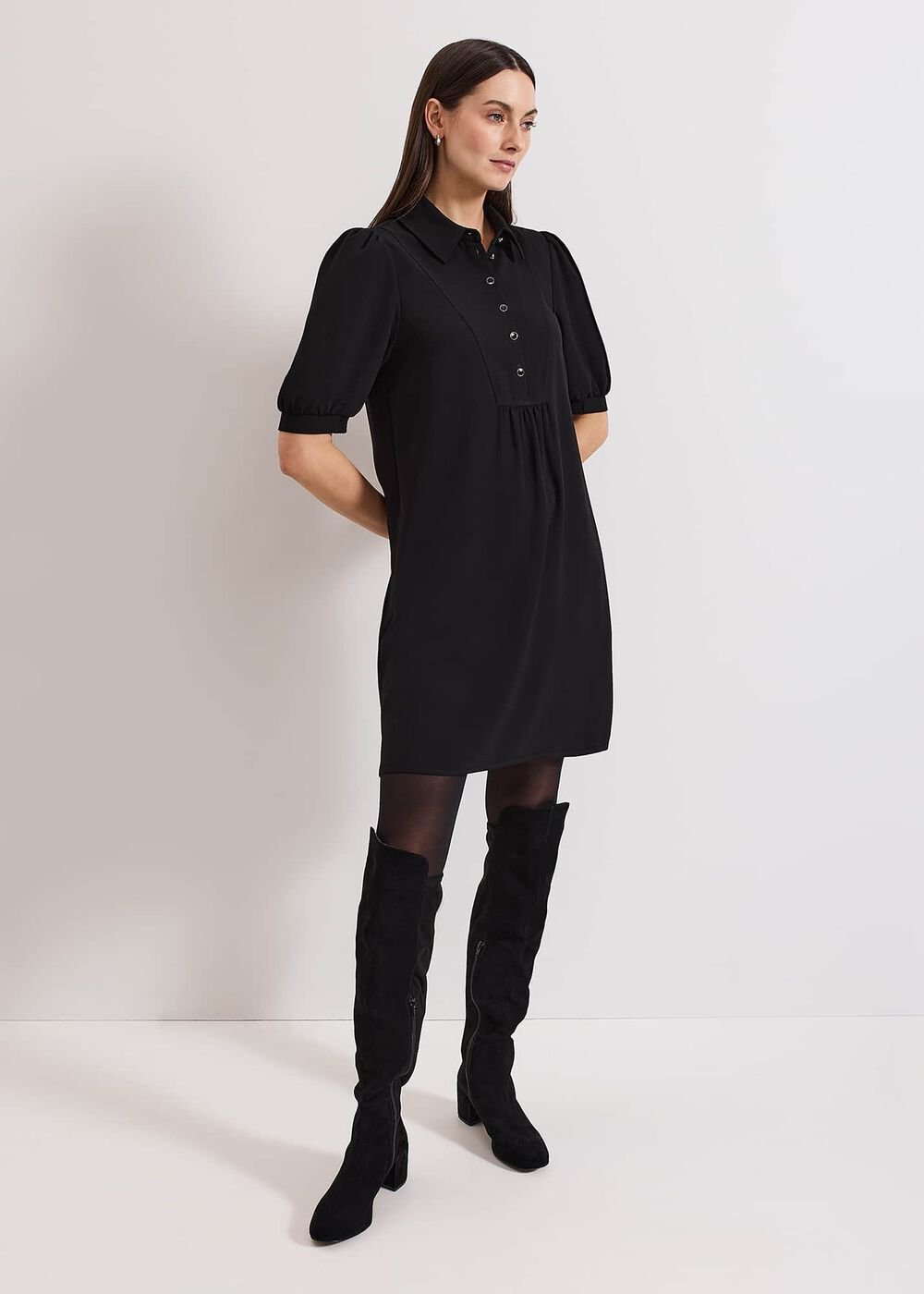 Claudia Button Swing Mini Dress - Black