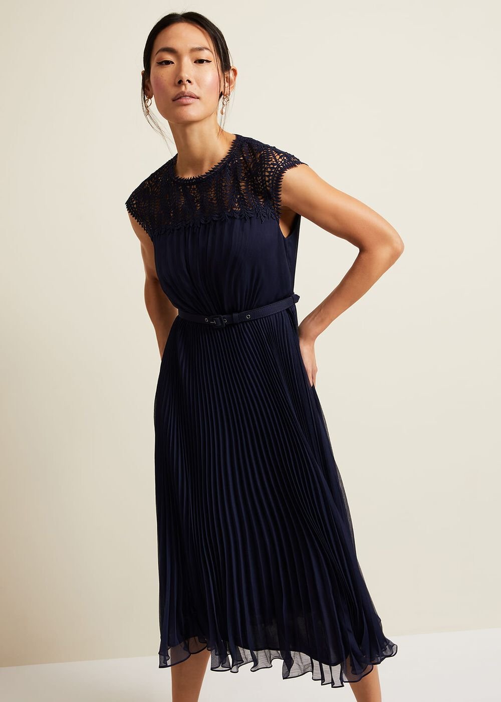 Makaela Pleat Embroidered Dress - Navy