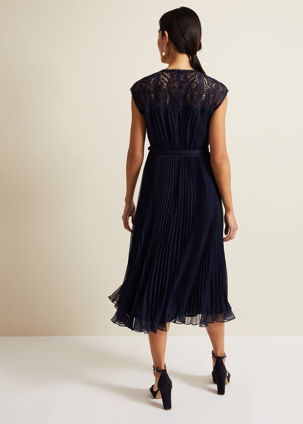 Makaela Pleat Embroidered Dress - Navy