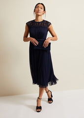 Makaela Pleat Embroidered Dress - Navy