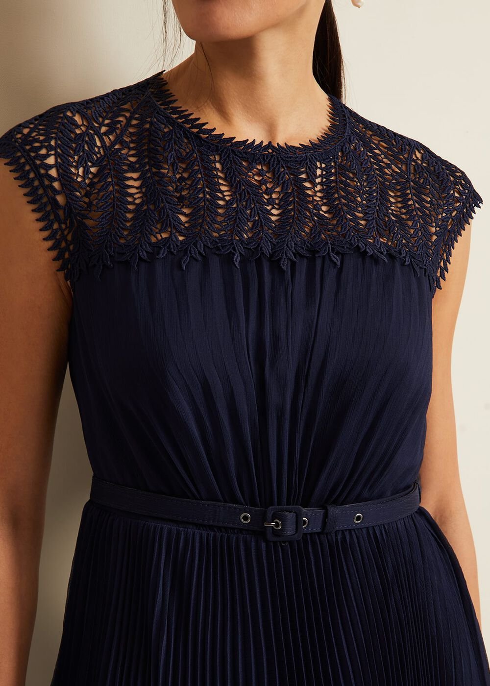 Makaela Pleat Embroidered Dress - Navy