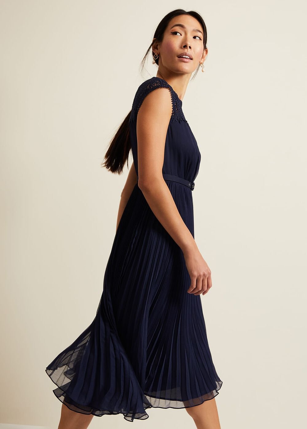 Makaela Pleat Embroidered Dress - Navy