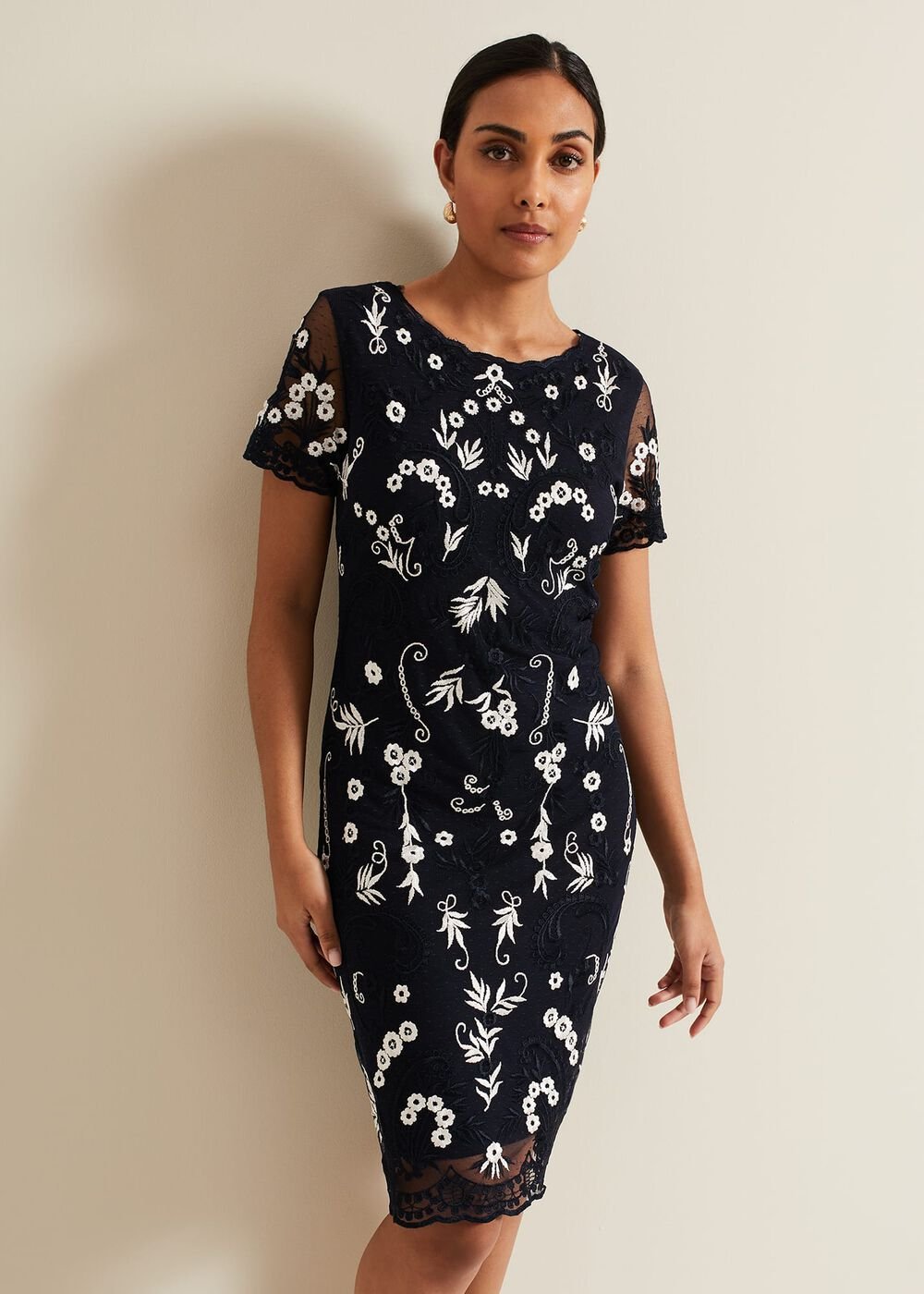 Petite Florisa Embroidered Dress - Navy