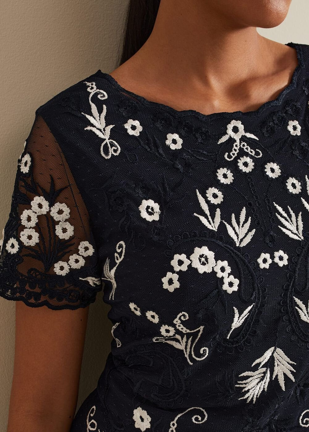 Petite Florisa Embroidered Dress - Navy