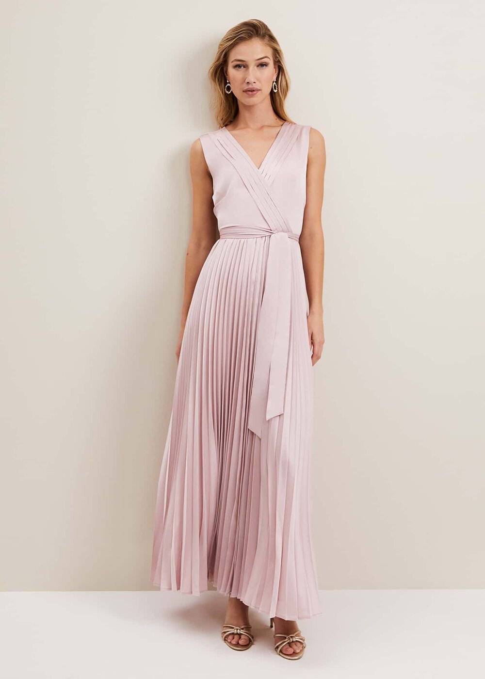 Bonnie Pleat Wrap Satin Maxi Dress - Pink
