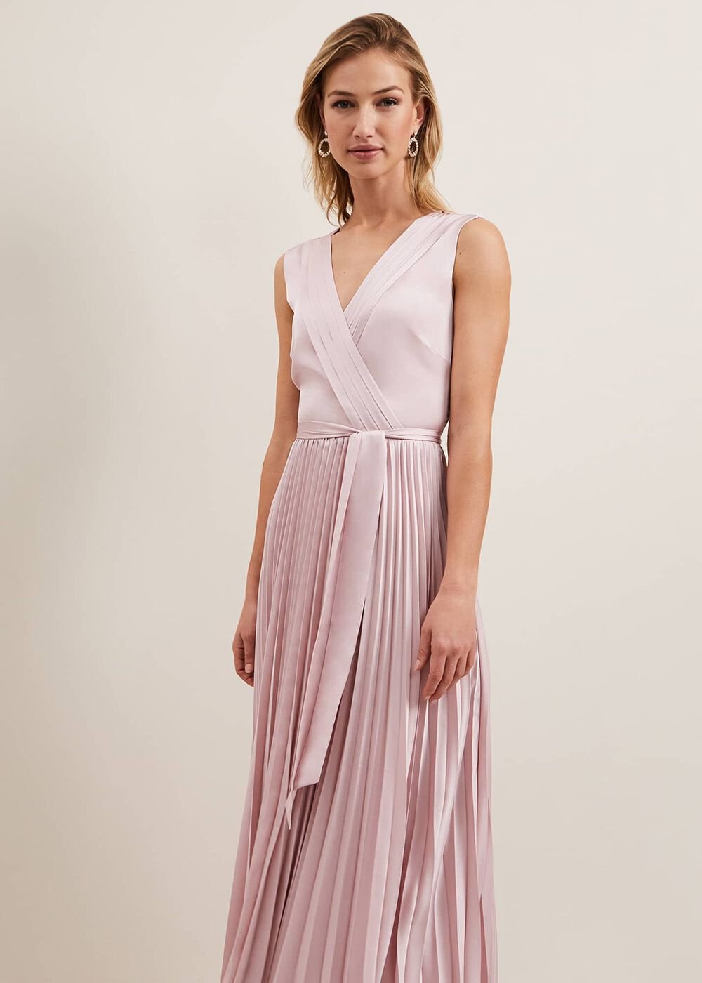 Bonnie Pleat Wrap Satin Maxi Dress - Pink
