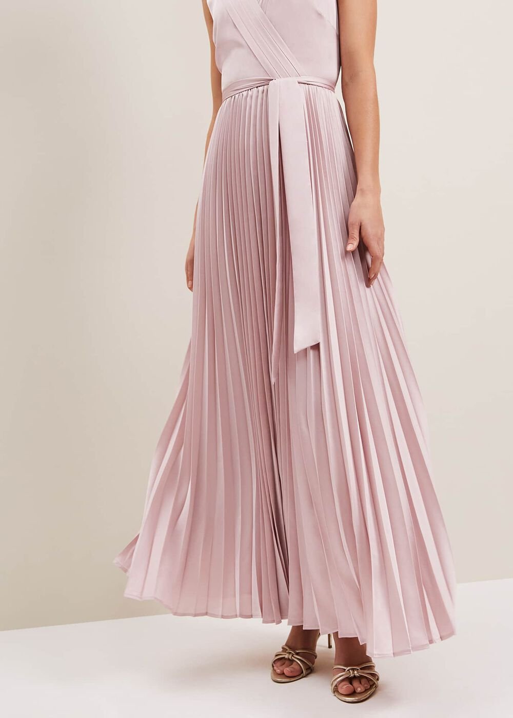 Bonnie Pleat Wrap Satin Maxi Dress - Pink