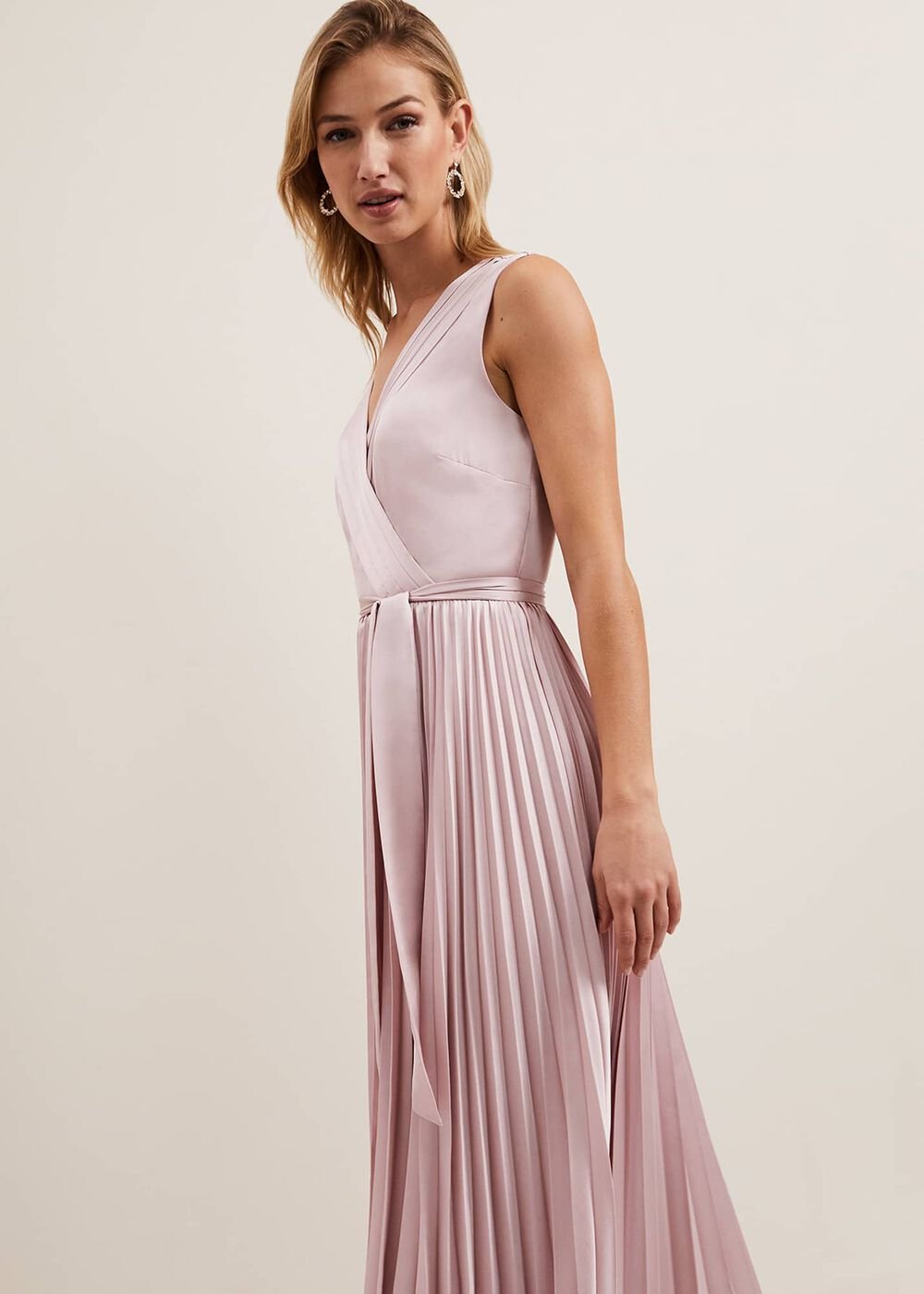 Bonnie Pleat Wrap Satin Maxi Dress - Pink
