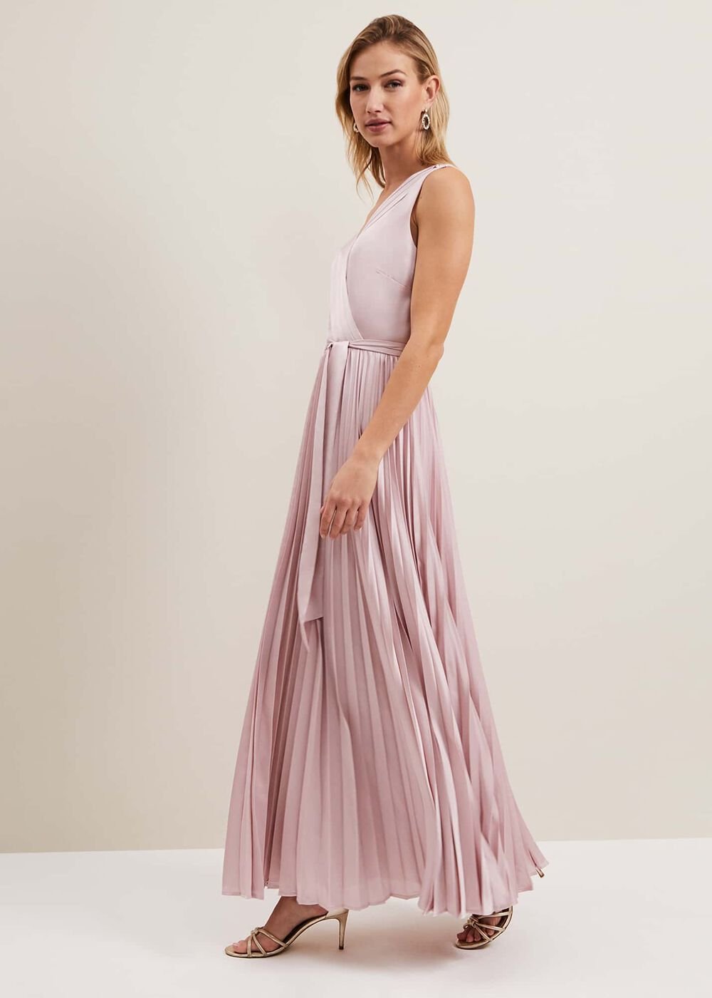 Bonnie Pleat Wrap Satin Maxi Dress - Pink