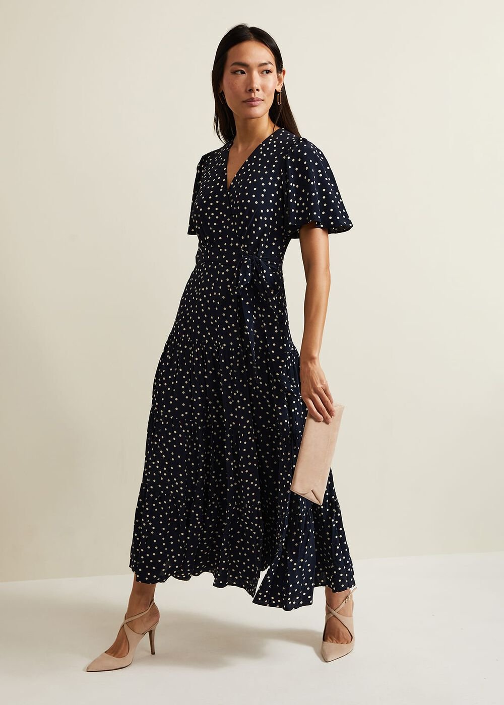 Jenna Black Spot Wrap Midaxi Dress - Navy/Ivory