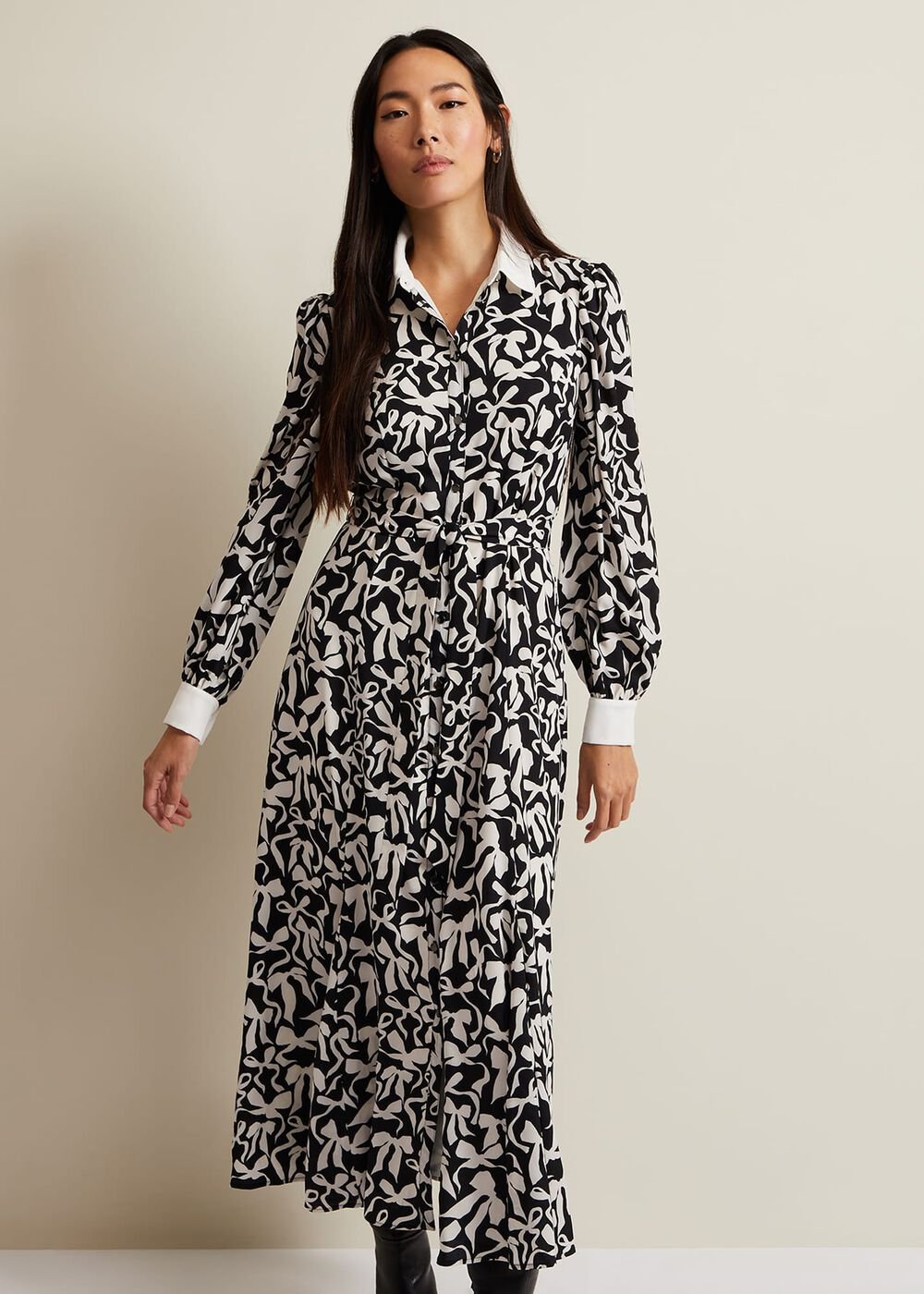 Bonnie Black Bow Shirt Midi Dress - Black/Ivory
