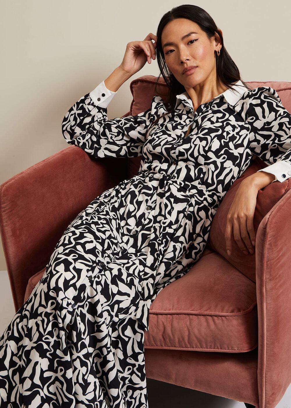 Bonnie Black Bow Shirt Midi Dress - Black/Ivory