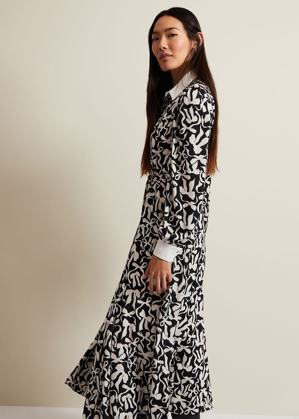Bonnie Black Bow Shirt Midi Dress - Black/Ivory
