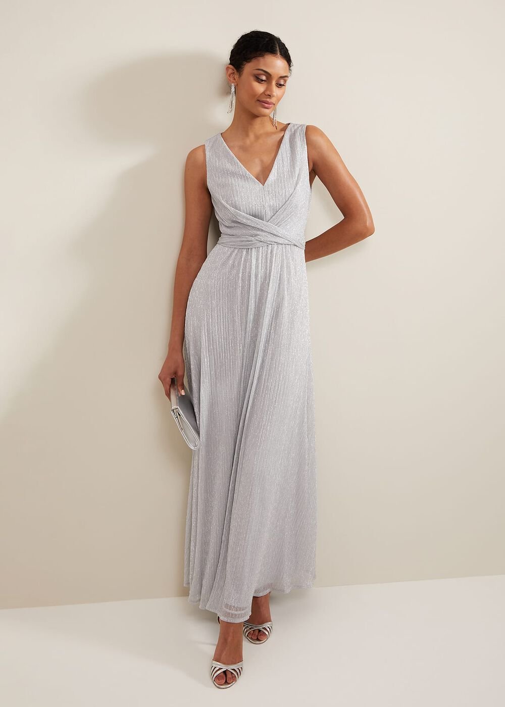 Artemis Plisse Shimmer Maxi Dress - Silver