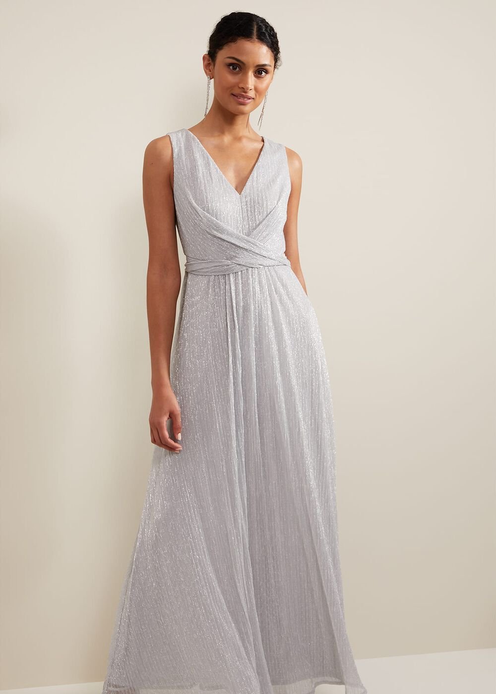 Artemis Plisse Shimmer Maxi Dress - Silver