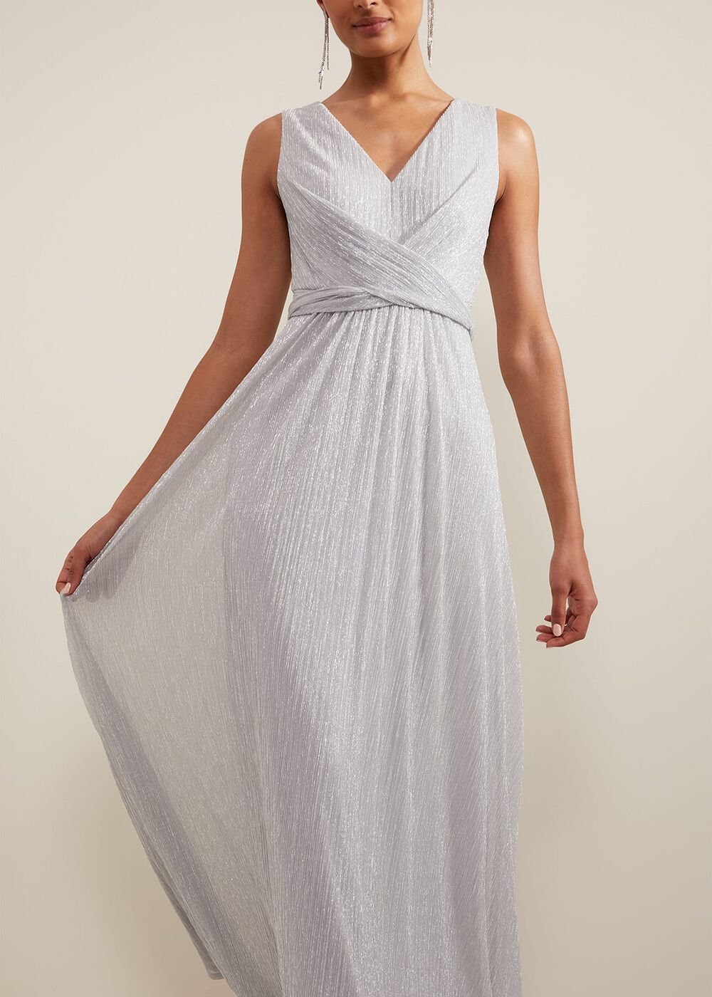 Artemis Plisse Shimmer Maxi Dress - Silver
