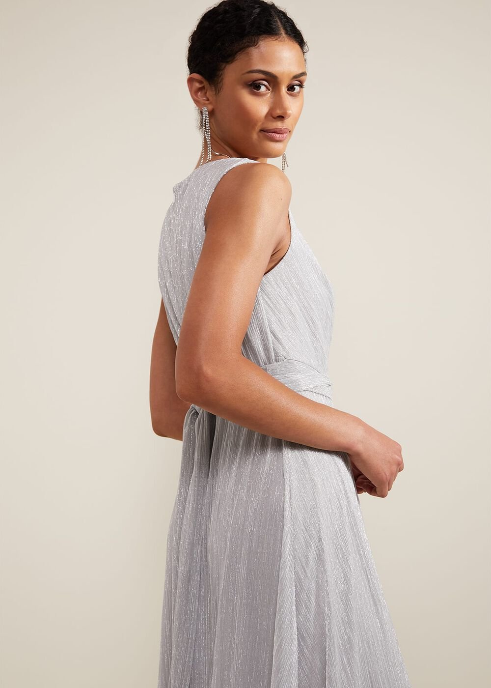 Artemis Plisse Shimmer Maxi Dress - Silver