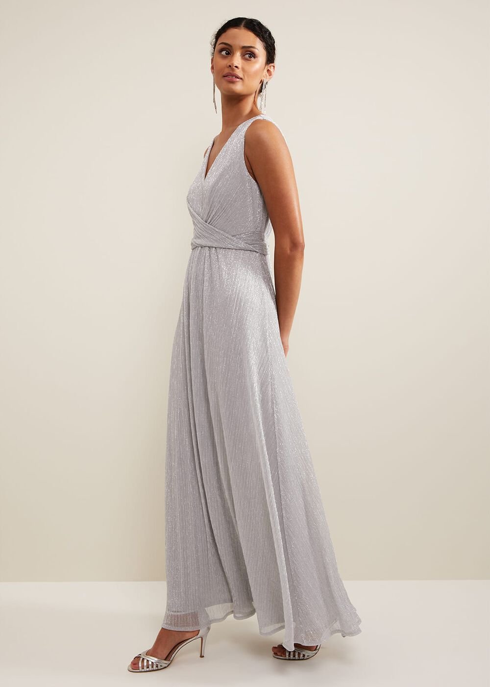 Artemis Plisse Shimmer Maxi Dress - Silver