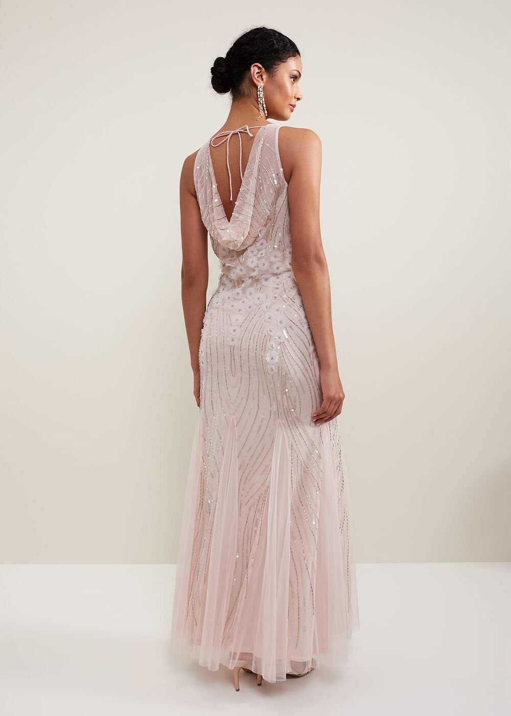 Lexi Ditsy Beaded Cowl Maxi Dress - Pale Pink