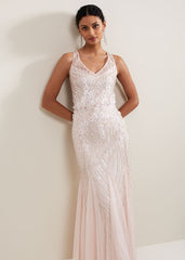 Lexi Ditsy Beaded Cowl Maxi Dress - Pale Pink