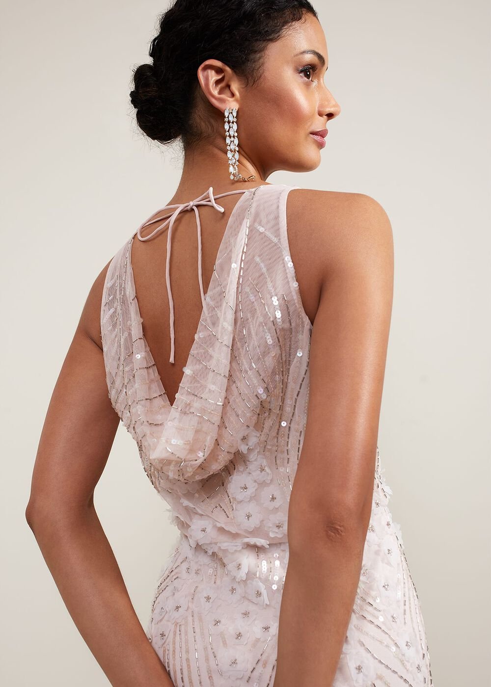 Lexi Ditsy Beaded Cowl Maxi Dress - Pale Pink
