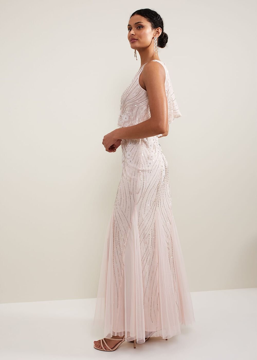 Lexi Ditsy Beaded Cowl Maxi Dress - Pale Pink