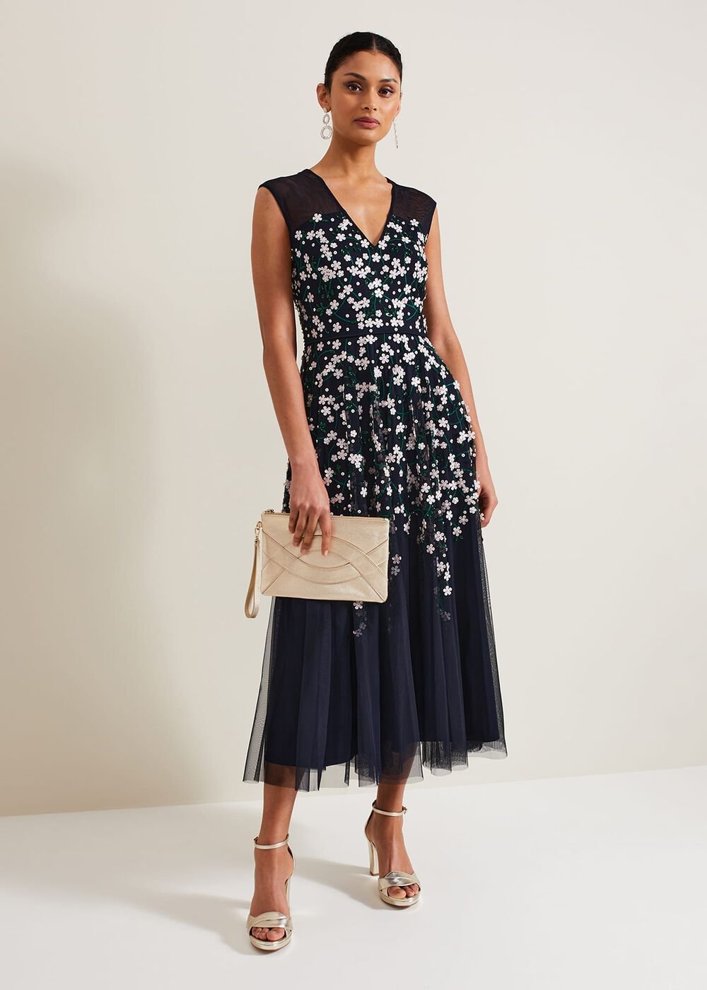 Ellen Blossom Beaded Midi Dress - Navy