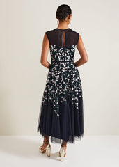 Ellen Blossom Beaded Midi Dress - Navy