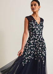 Ellen Blossom Beaded Midi Dress - Navy