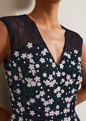 Ellen Blossom Beaded Midi Dress - Navy