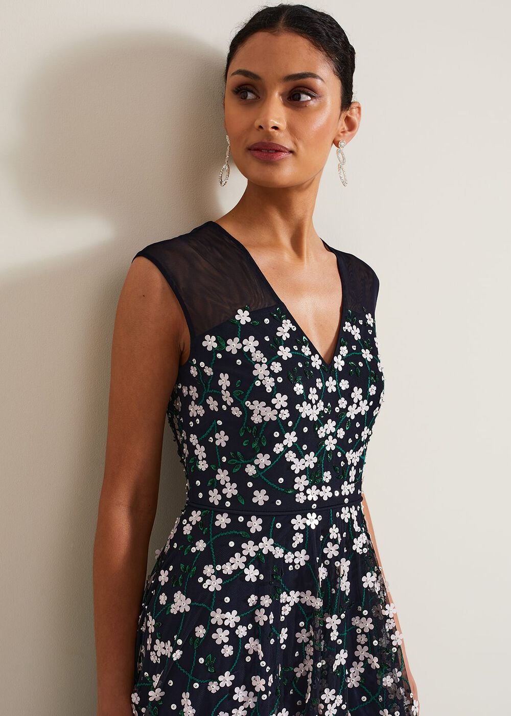 Ellen Blossom Beaded Midi Dress - Navy