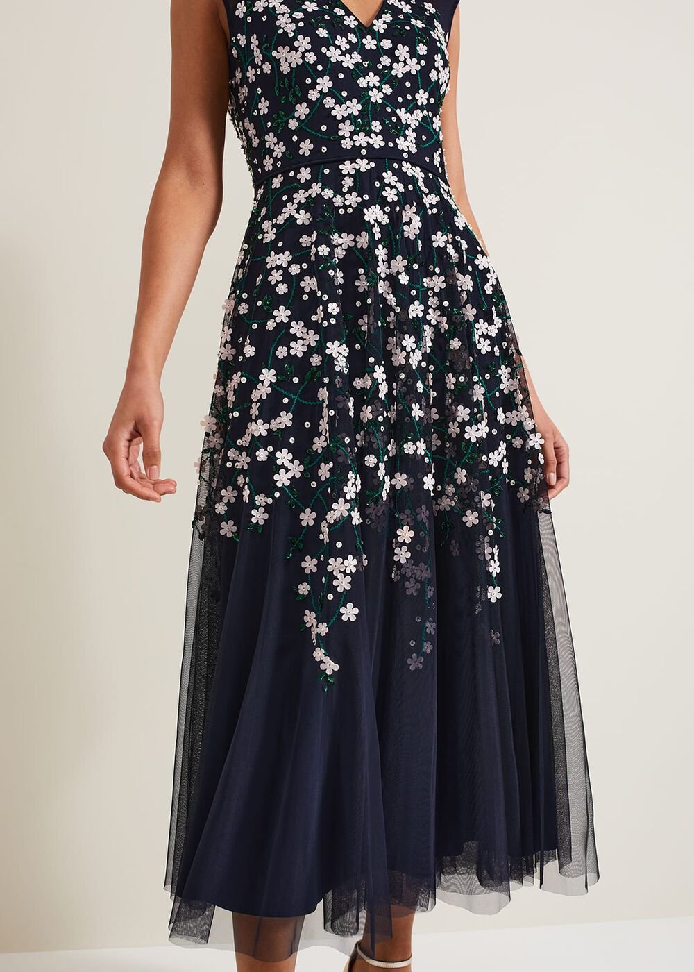 Ellen Blossom Beaded Midi Dress - Navy