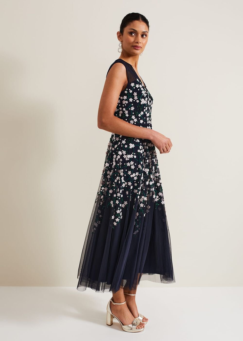 Ellen Blossom Beaded Midi Dress - Navy